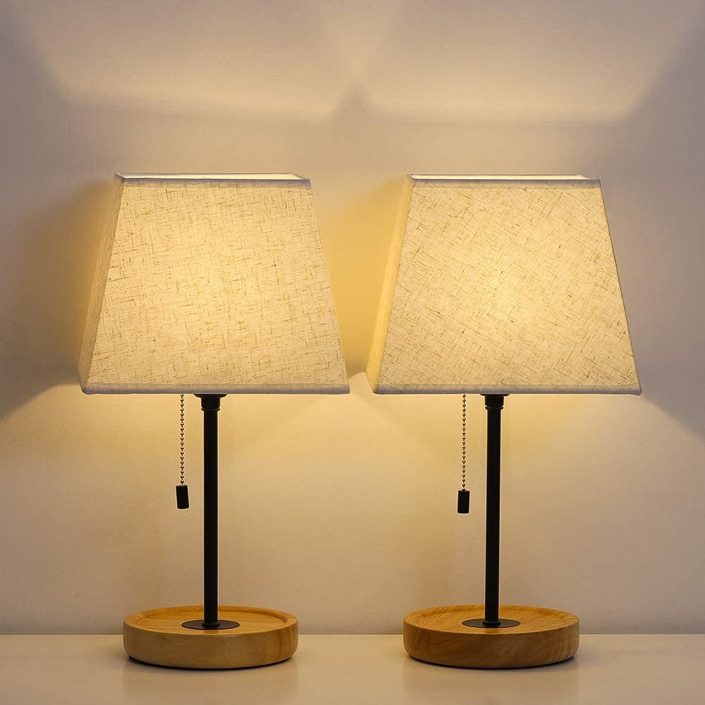 NEX Black Minimalist Bedside Lamps Pull Chain and Wood Base Set of 2
