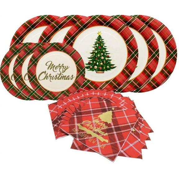 Christmas Tree Paper Dinnerware Set-Serves 20- Including 10 Inches Dinner Plates, Dessert Plates and Buffalo Napkins