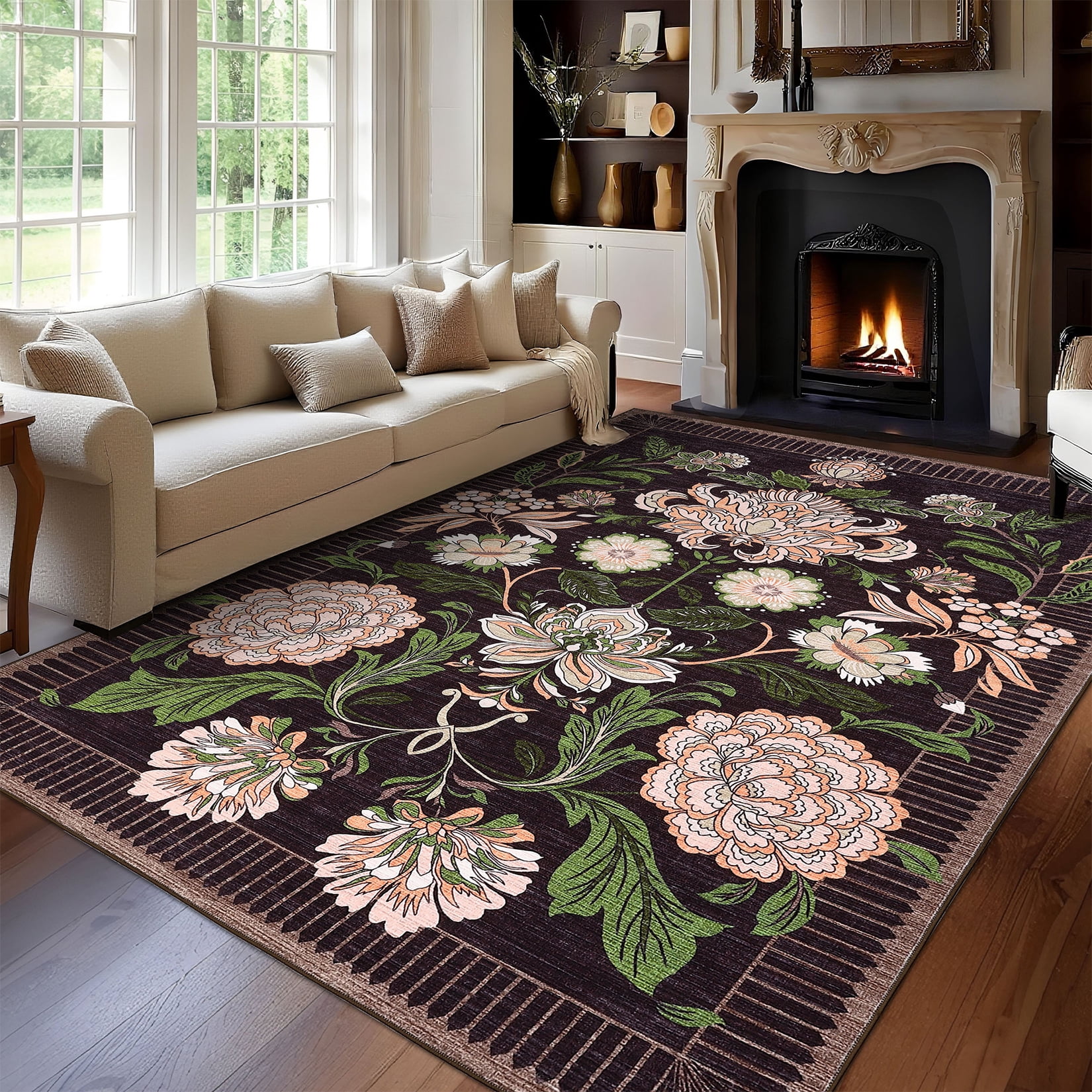 HOMERRY Large Modern 8' x 10' Area Rug for Living Room Washable Dark Purple Floral Pattern Indoor Carpet