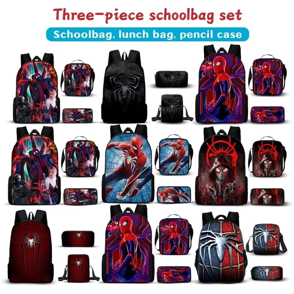 3Pcs Spider Vibrant Printed Backpack Set with Lunch Organizer and Pencil Storage Case for School Travel Daily Use Superhero Hero Web Pattern Print #11