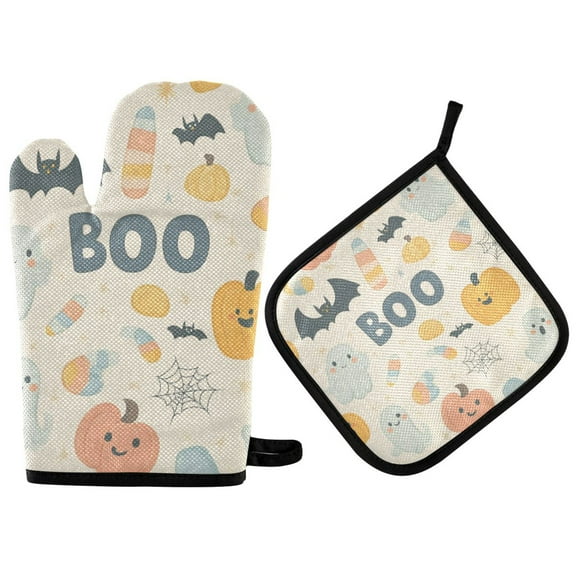 Yayeee Oven Mitts and Pot Holder Set of 2 Heat Resistant Kitchen Gloves Baking Hot Pad, Halloween Cute Pumpkins