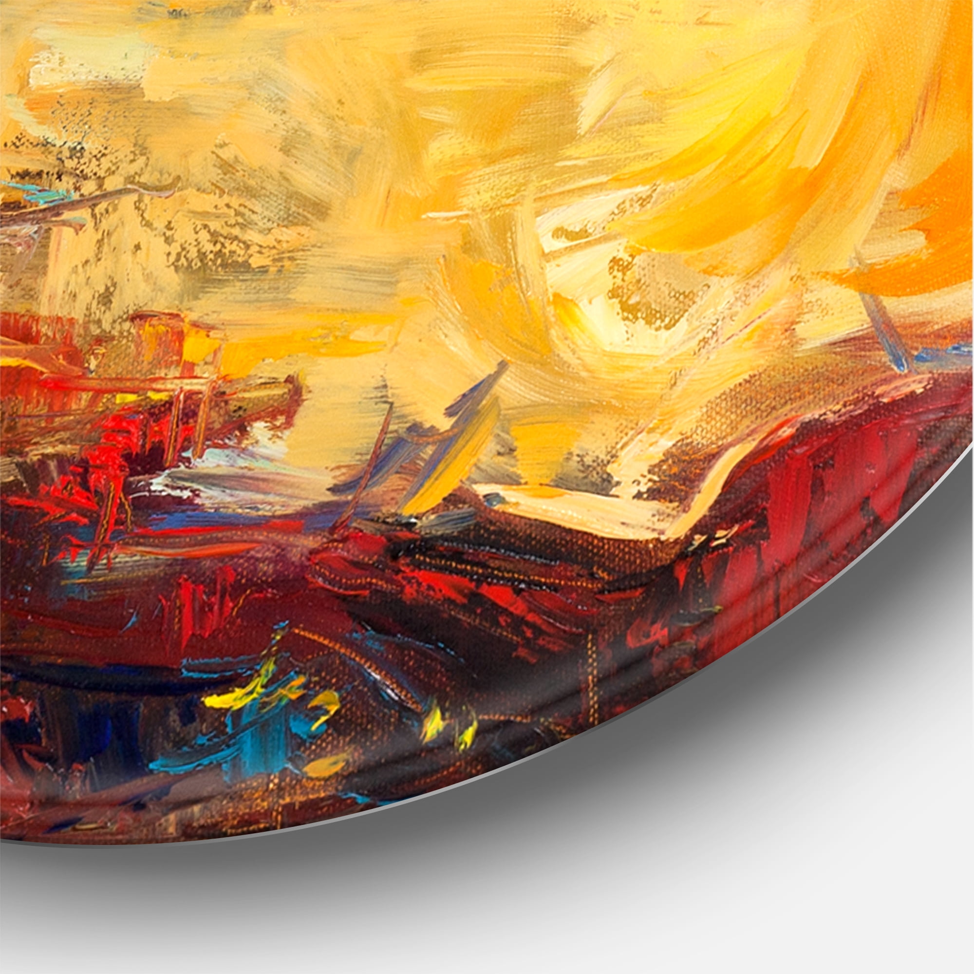 Designart 'Abstract Boat At The Ocean Horizon During Sunset' Nautical & Coastal Circle Metal Wall Art 11x11 - Disc of 11