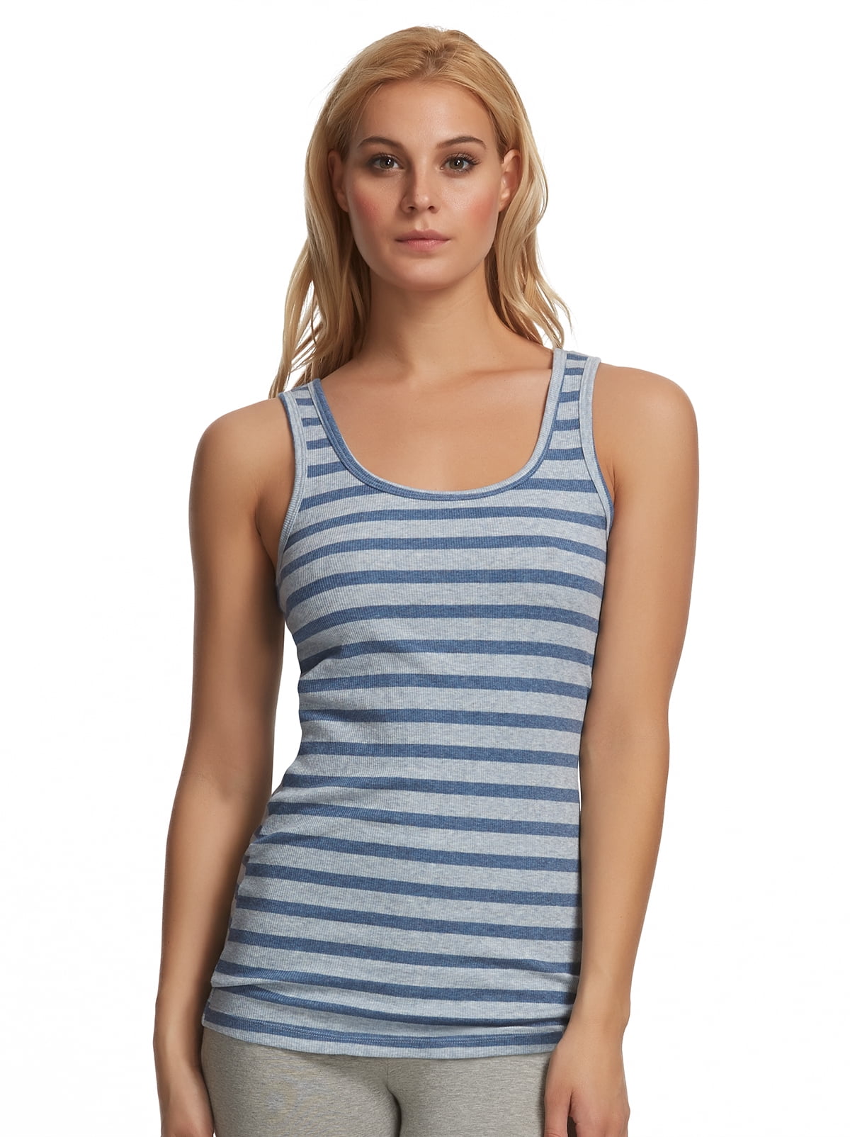 Felina Women's Ribbed Tank Top Cotton Poly Stretch (Denim Stripe