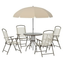 6 Piece Patio Dining Set for 4 - Outdoor Table & Chairs with Umbrella - Folding Chairs - Beige