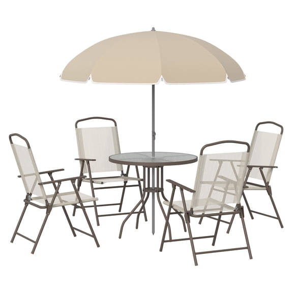 6 Piece Patio Dining Set for 4 - Outdoor Table & Chairs with Umbrella - Folding Chairs - Beige