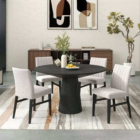 Roundhill Furniture Butler 5-Piece Round Dining Set Pedestal Dining Table with 4 Side Chairs Tan