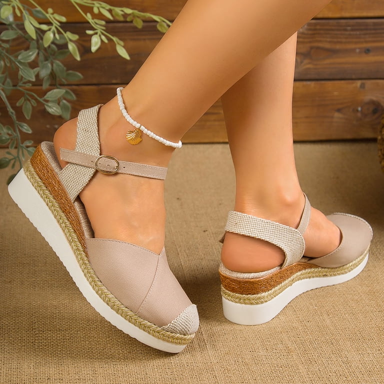 fall dress sandals Rokment Womens Platform Wedge Dress Sandals 2026 Boho Beach Breathable Comfortable Color Block Canvas Closed Toe Espadrilles Chunky Heeled Dressy