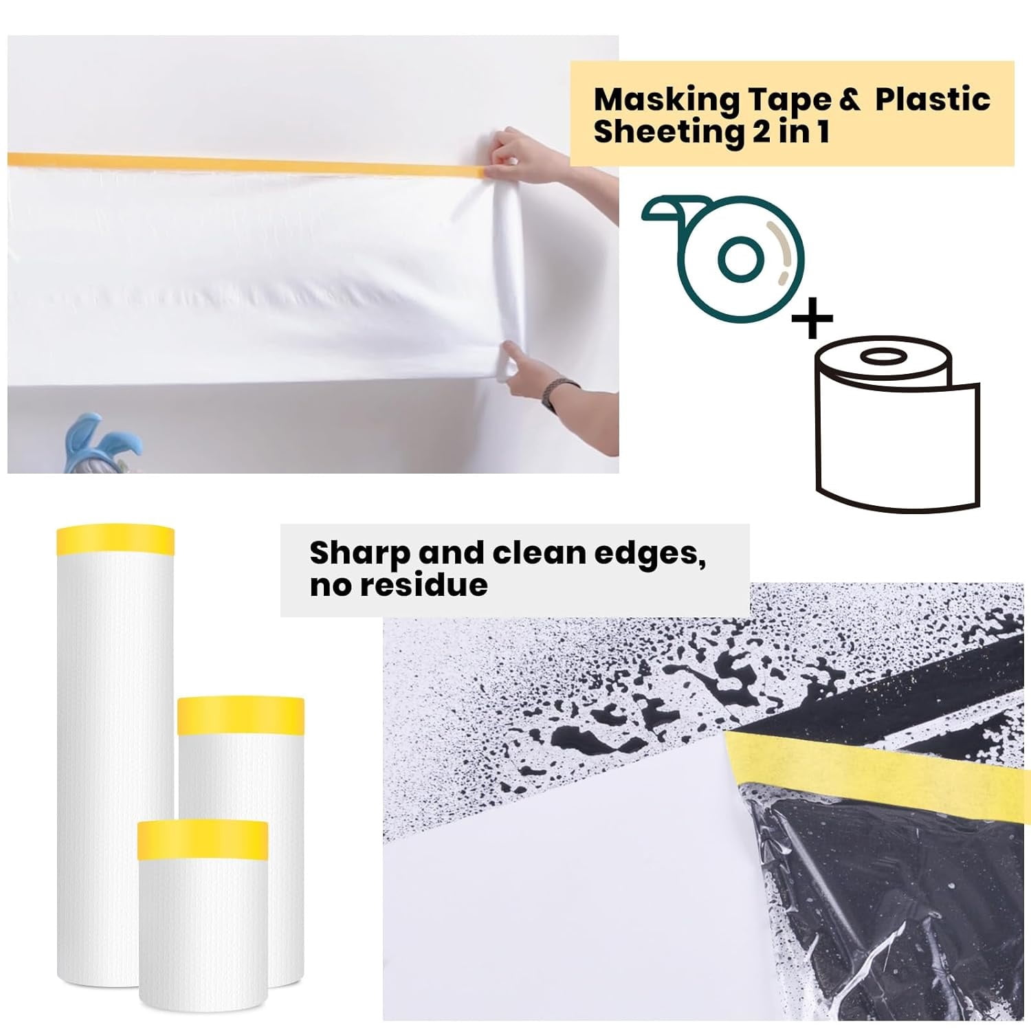 Pre Taped Masking Film with Adhesive Edge, 103 inch x 36 Yards x 3 Rolls No Residue Masking Tape for Painting, Automotive, and DIY Projects Tape and Drape for Floor Furniture Protection