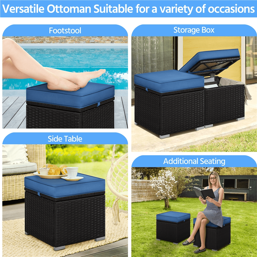 Renwick Wicker Patio Storage Ottomans with Cushions, Set of 2, Brown/Dark Blue