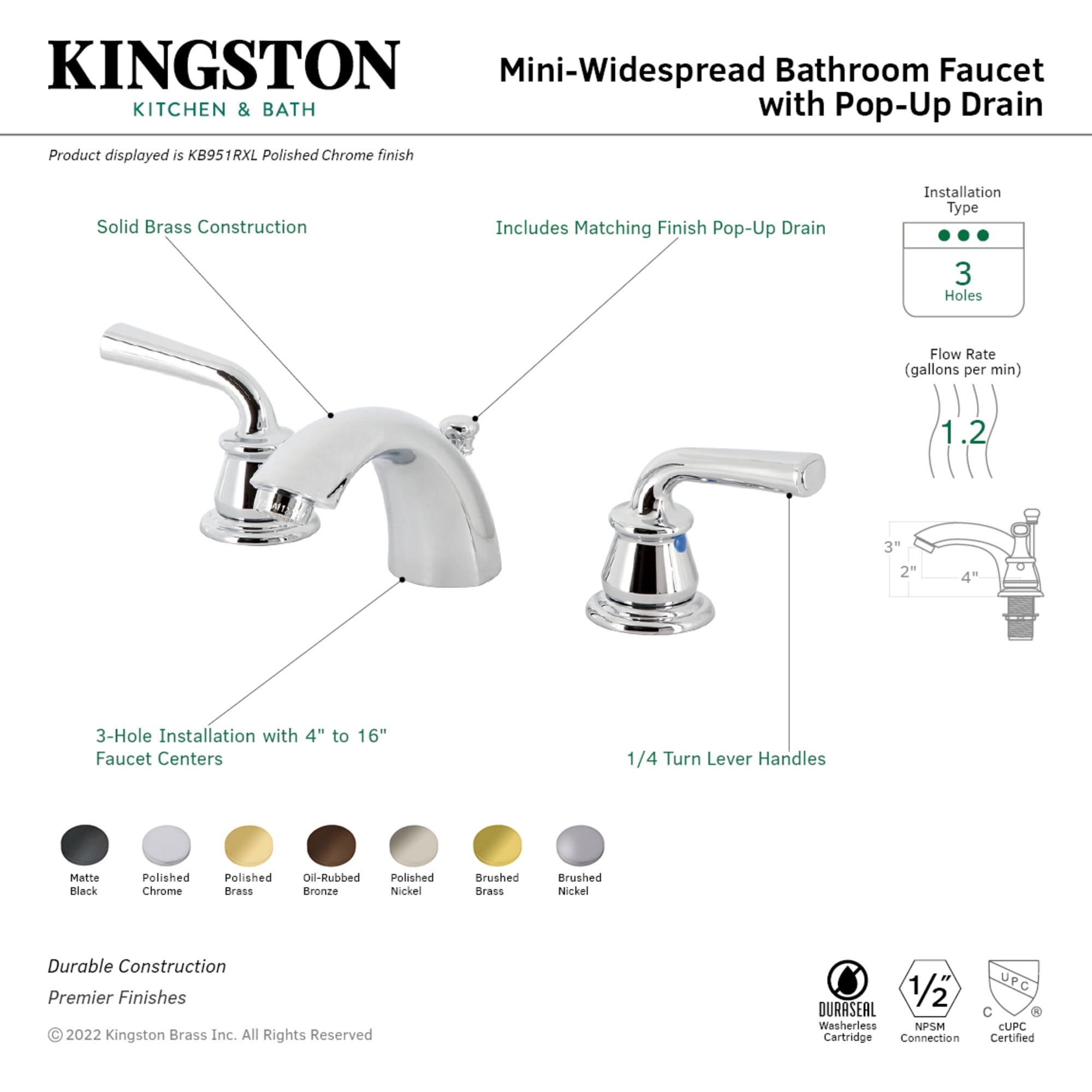 Kingston Brass KB955RXL Restoration Mini-Widespread Bathroom Faucet with Pop-Up Drain, Oil Rubbed Bronze