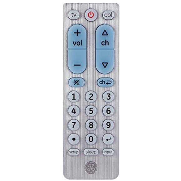 GE Big Button Universal Remote Control for Samsung, Vizio, Lg, Sony, Sharp, Roku, Apple TV, RCA, Panasonic, Smart TVs, Streaming Players, Blu-Ray, DVD, 2-Device, Silver, 33701