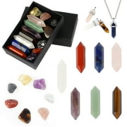 14pcs Healing Crystals Kit, CELECTIGO Chakra Therapy Collection with 7 Raw Tumbled Chakra Stones & 7 Hexagonal Pendant Wand Points for Necklace Jewelry Making, Suitable for Yoga Meditation