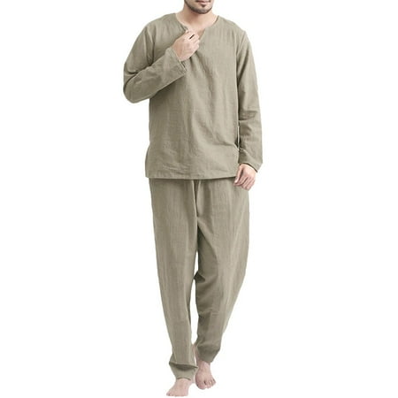 

Fancy Men Plain Casual Loose Shirt Beach Long Sleeve Tops Pants Pajamas Homewear Set Khaki 2XL