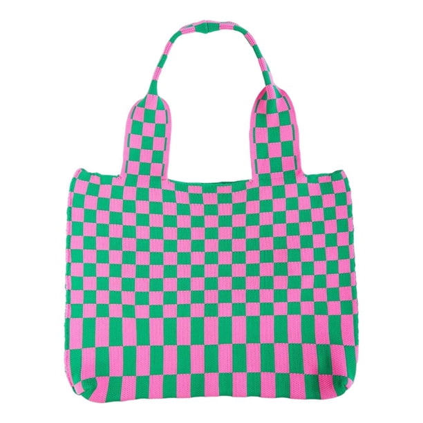 Bolso de hombro de punto con diseño de cuadros elegante e informal para mujer y niña, bolso de mano para libros Rosa verde