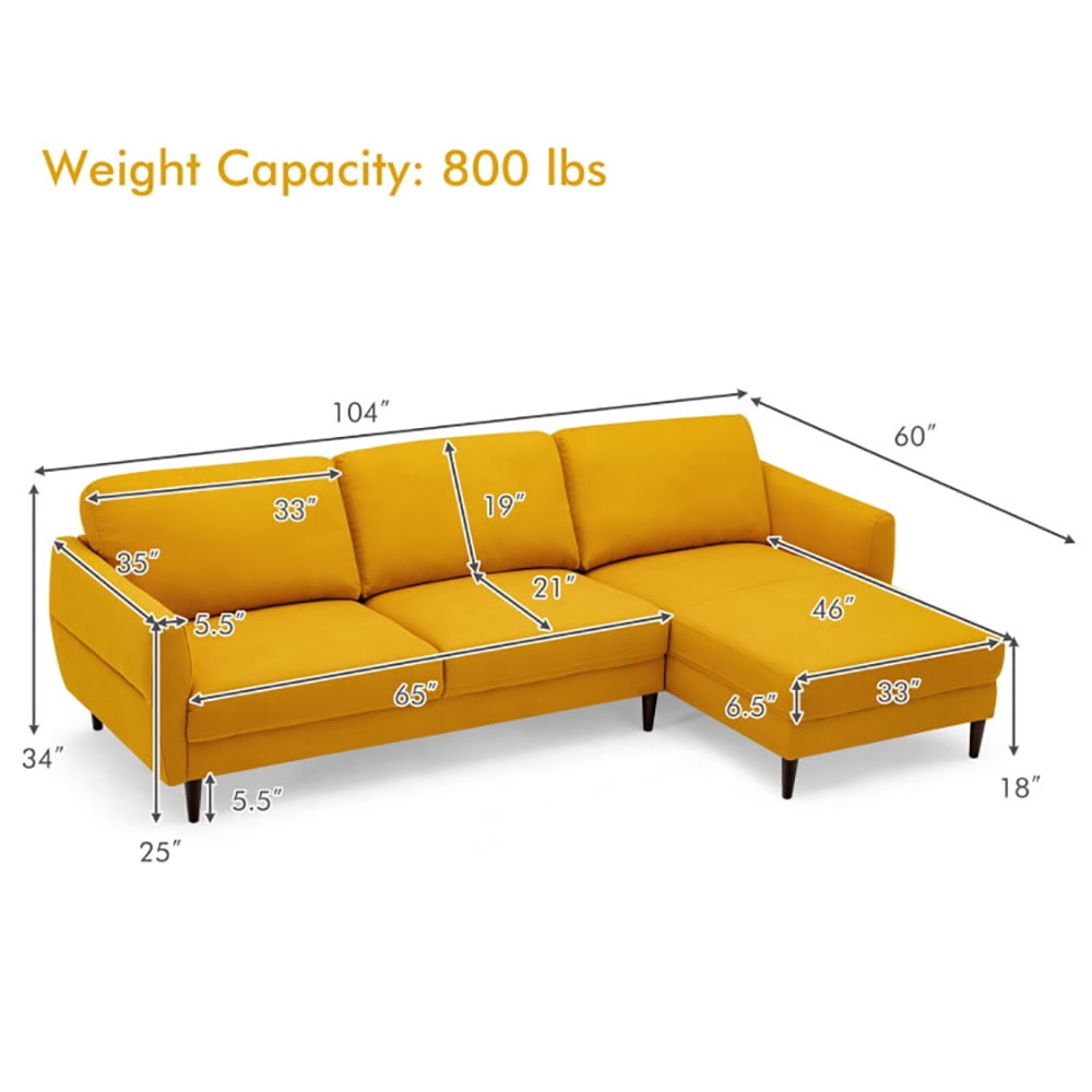 Finihen L-Shaped Sectional Sofa Couch, Sofa Bed, Convertible L-Shaped Fabric Sectional Sofa with Chaise Lounge and Solid Wood Legs, for Living Room, Yellow