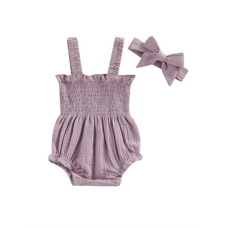 

Calsunbaby Newborn Baby Girls Summer Romper Infant Solid Color Sleeveless Elastic Bust Ruffles Short Jumpsuit+Headband