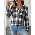 thumbnail image 3 of Women'S V Neck Plaid Shirts Dressy Casual Button-Down Business Work Boho Tops Long Sleeve Fall Outfits Black & White S, 3 of 7
