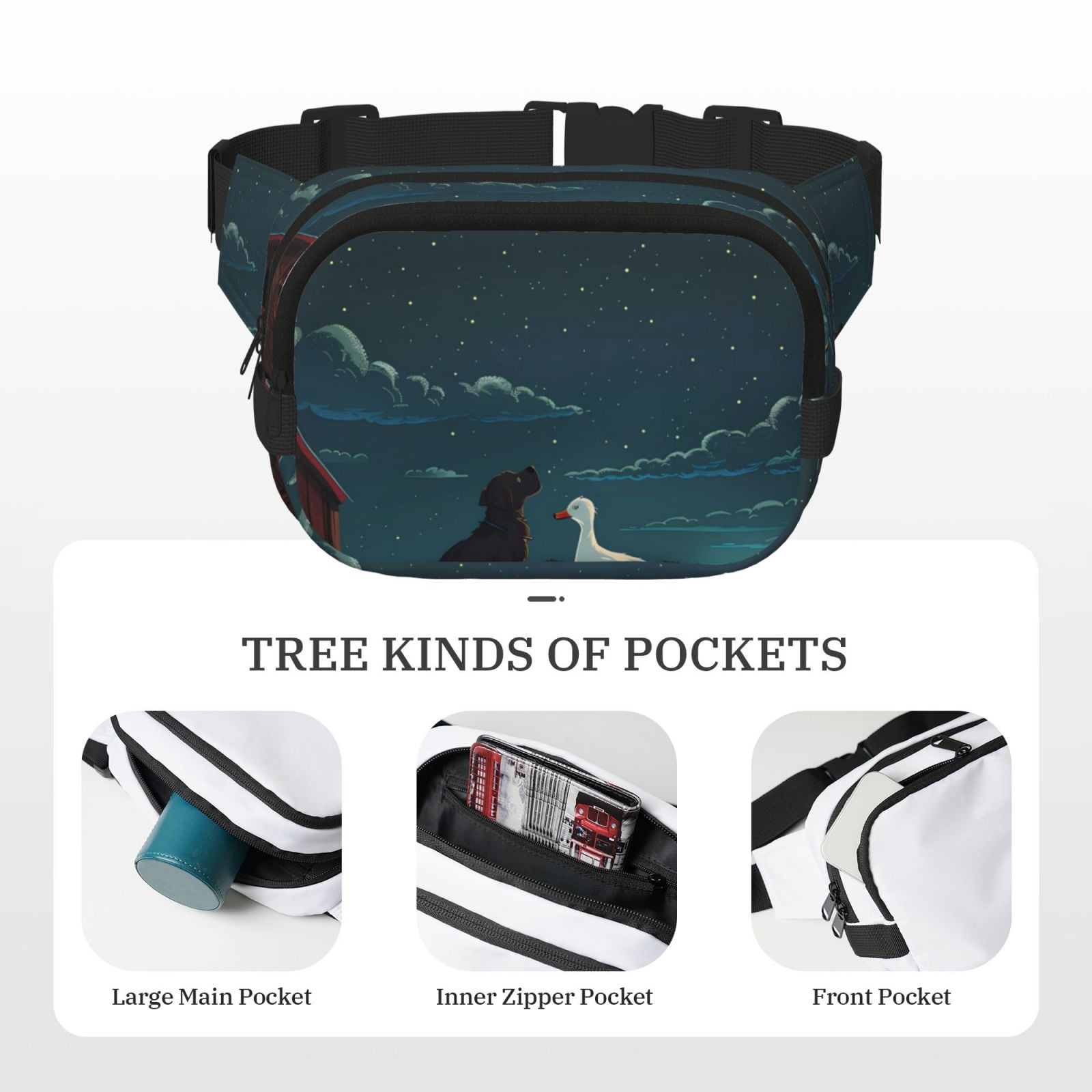 Picia Farm Dog Duck Moonlight Print Square Double-Layer Waist Bag Mini Adjustable Waist Belt Bag Exercise Running Travel Hiking