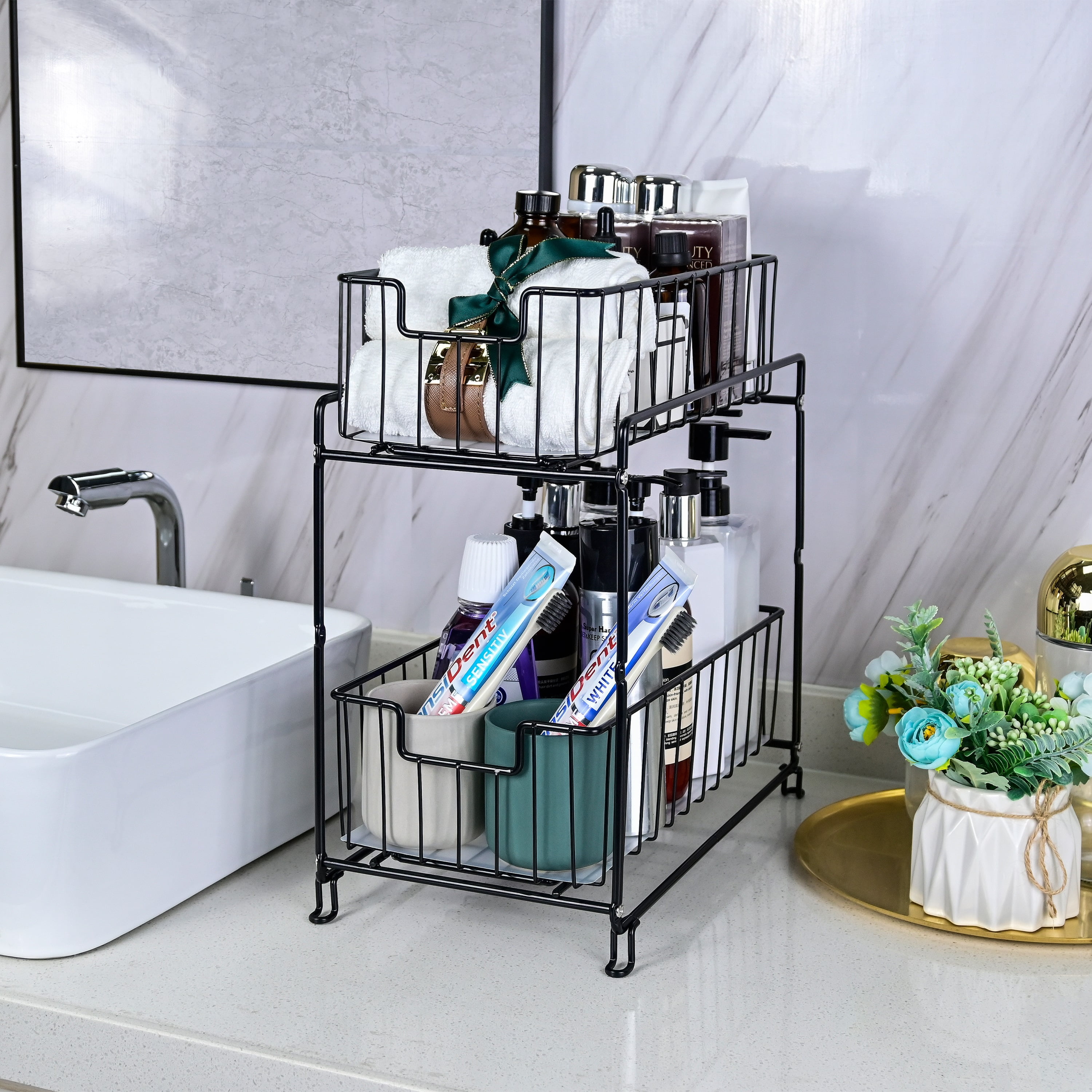 2-Tier Under Sink Organizers and Storage, 2 Pack Pull-Out Cabinet Organizer, Stackable Sliding Drawer Shelf for Kitchen,Bathroom, Black