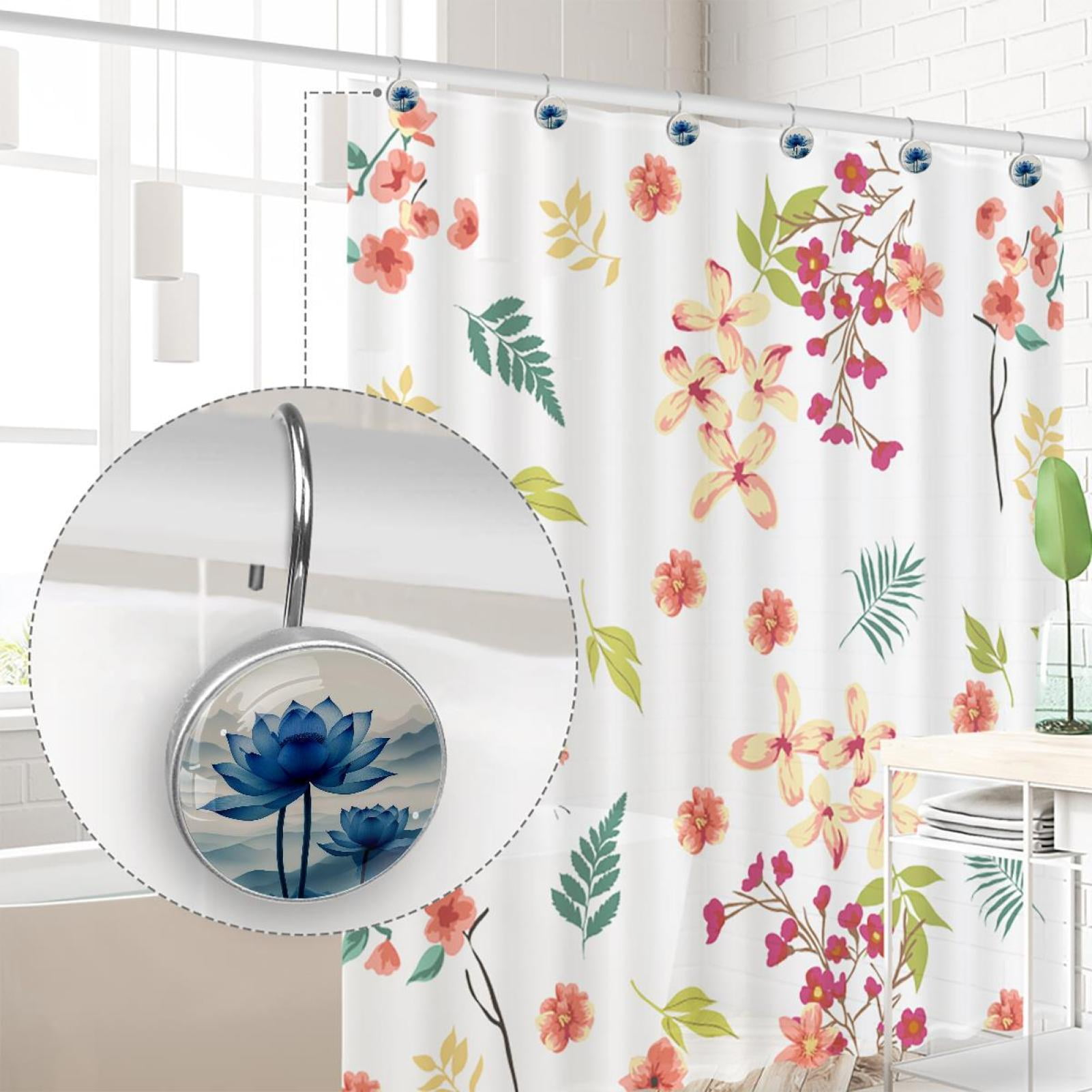 Imobaby 12 Pcs Metal Shower Curtain Hooks Rust Proof for Shower Curtain Liner - Landscape Ink Blue Lotus