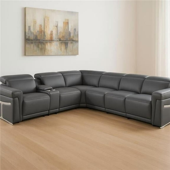 HomeRoots 534866 Gray Italian Leather Modular L Shaped 7 Piece Corner Sectional with Console