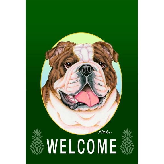 Bulldog Brindle - Best of Breed Welcome Pineapples Garden Flags. Flag is 12" x 17"