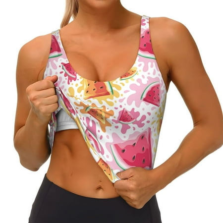 Qokaie Watermelon Pattern Womens Scoop Neck Sports Bra Breathable Workout Vest Padded U Back Medium Impact Fitness Gym Yoga Bra Workout Crop Top