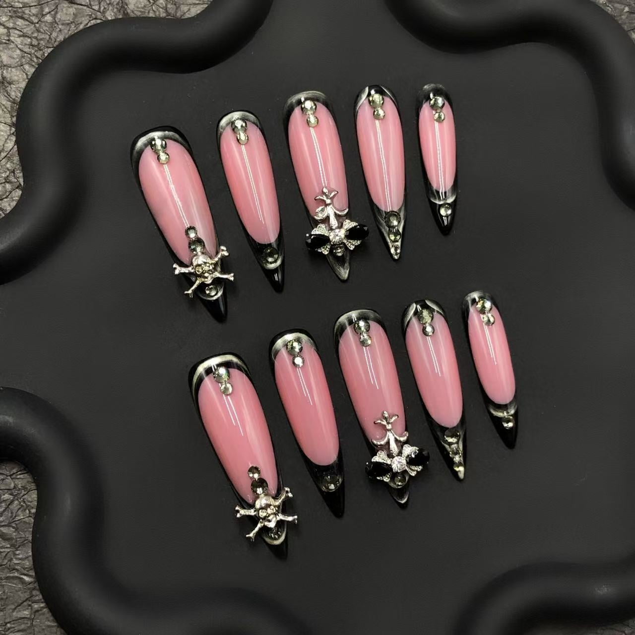 Gothic 3D Press-On Nails | Pink & Black Stiletto False Nails with Skull & Rhinestone Accents | Handmade Reusable Acrylic Nail Set