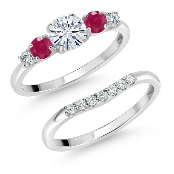 Gem Stone King 10K White Gold White Moissanite Red Ruby and White Lab Grown Diamond 5 Stone Bridal Engagement Wedding Ring Set for Women (0.92 Cttw, Round: 5MM and 3MM, Size 6)