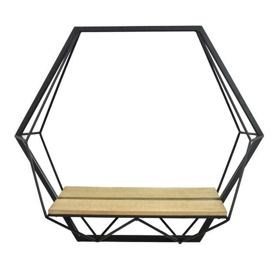 24 Inch Wall Mirror with Shelf, Hexagon Shaped, Metal, Black Finish