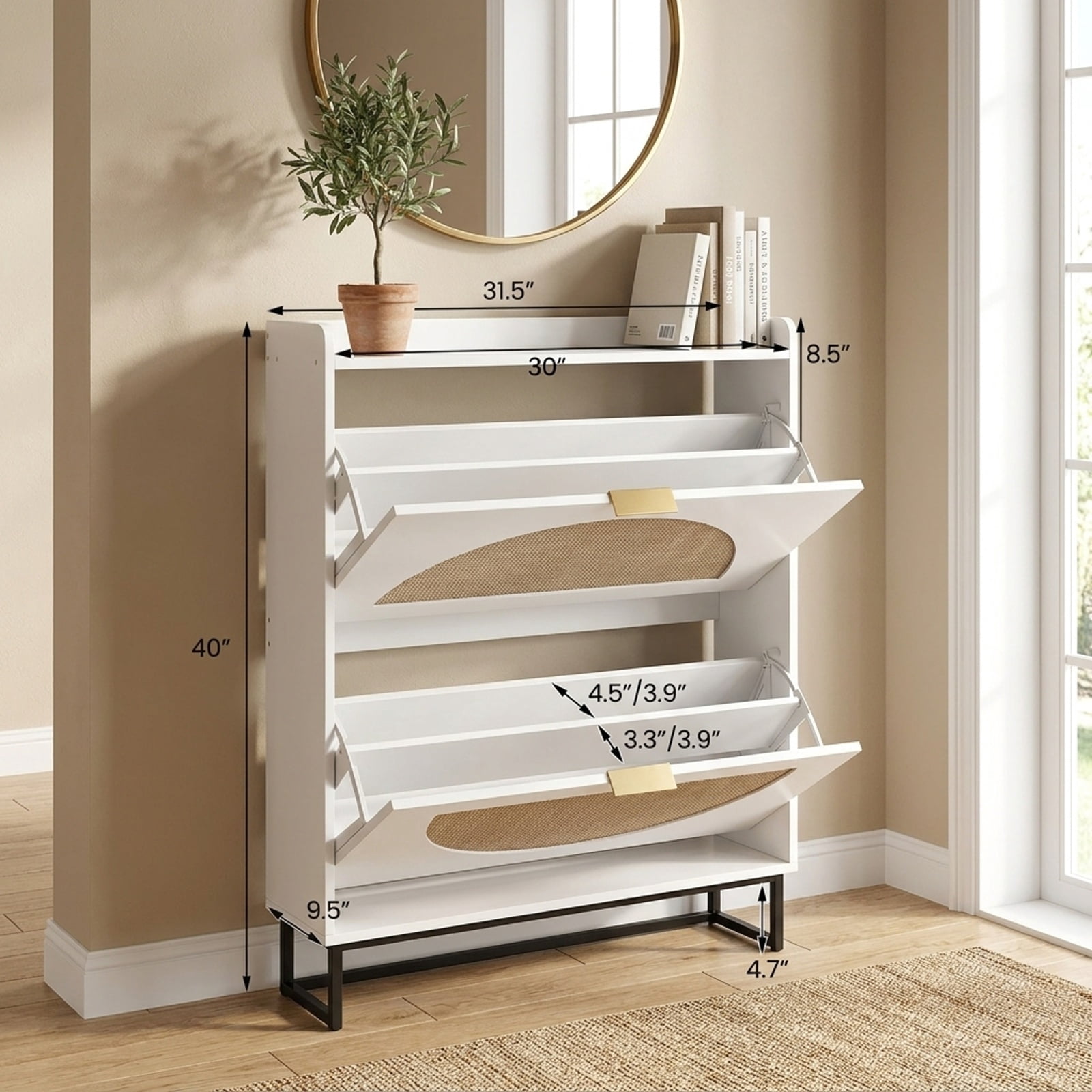 Furnibear Tall Narrow Shoe Storage Cabinet with 2 Flip Drawers Adjustable Removable Shelves and Faux Rattan Doors for Entryway and Apartment, White