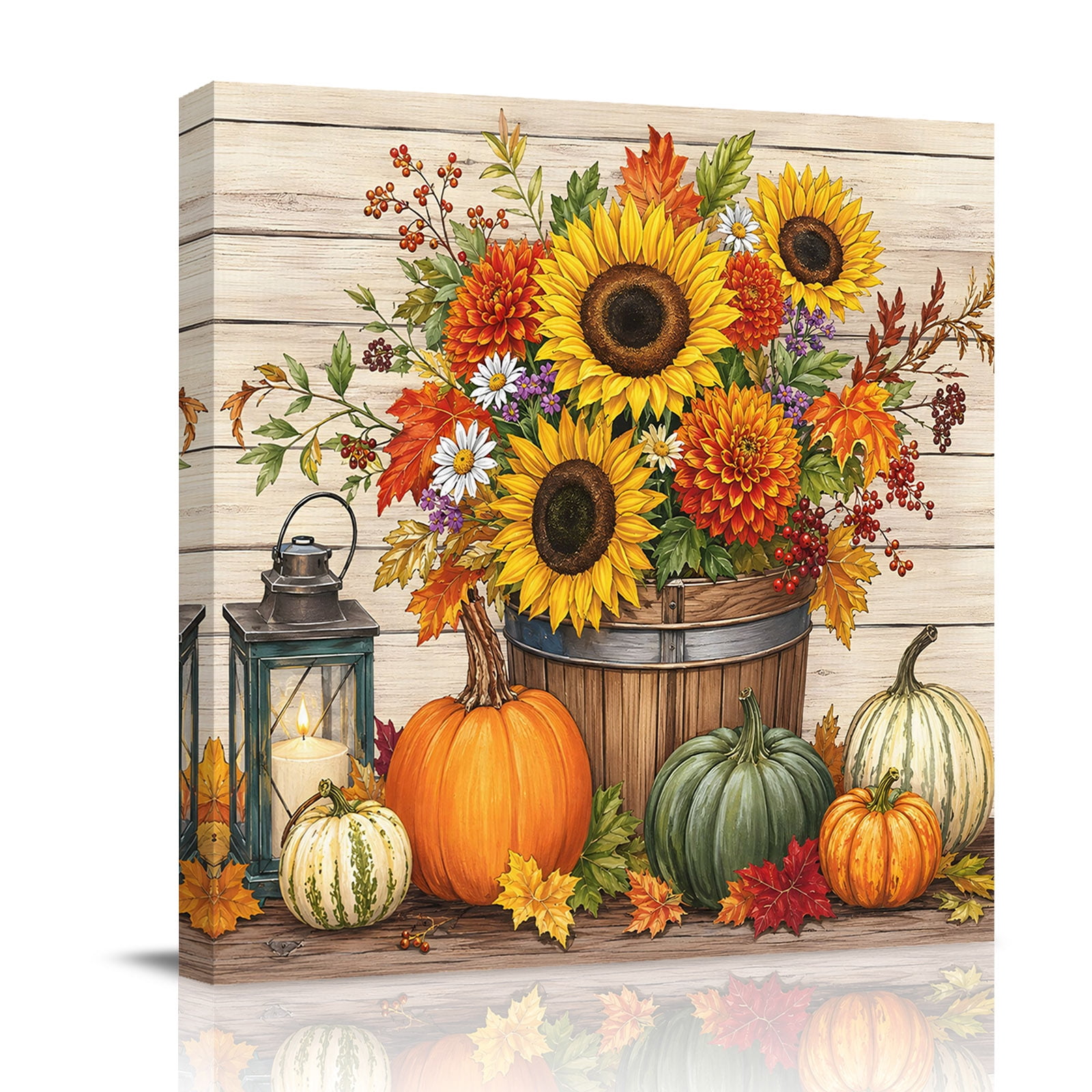 Canvas Wall Art Thanksgiving Pumpkins Framed Canvas Prints for Living Room Bathroom Fall Sunflowers Maple Vintage Wooden Gallery Wrapped Wall Decor for Home Office Gifts 12 x12 Ship Next Day