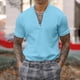 thumbnail image 2 of Blusa de manga corta con cuello alto y cremallera para hombre - Camisa informal de poliéster liso - Oficina/cita/fiesta de verano, 2 of 5