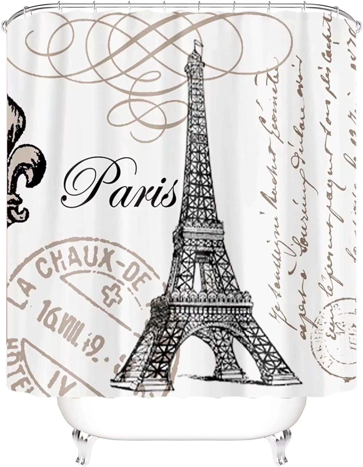Pcs Paris Eiffel Tower Shower Curtain Sets Bathroom Set Decor with Non-Slip Rugs Bath U-Shaped Mat Toilet Lid Cover Waterproof Vintage Word Art Bathroom Curtains Shower Set with 12 Hooks