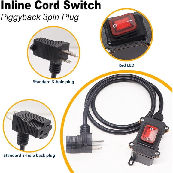 KEFENL-Extension Cord with Switch On/Off,IP67 Waterproof Inline Cord Switch with 4FT 18AWG Cable Piggyback Plug(3-Pronged),Red LED AC/DC 20A-125V 16A-250V Power Switch