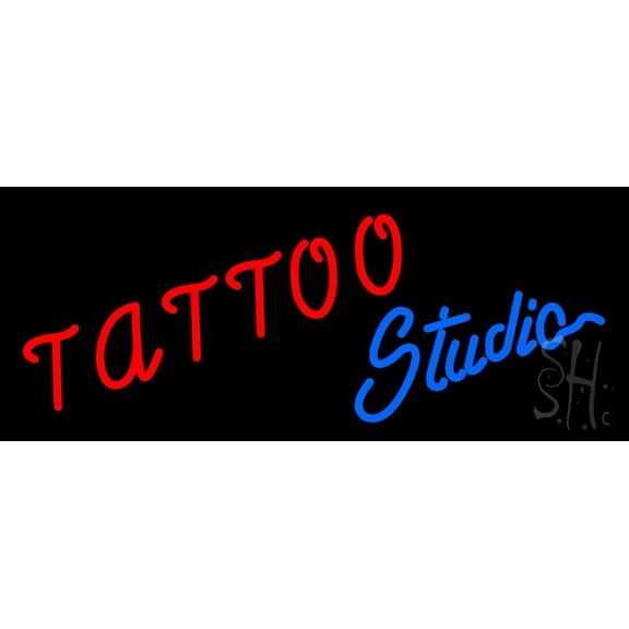 Tattoo Studio LED Neon Sign 10" Tall x 24" Wide - inches Black Square Cut Acrylic Backing, with Dimmer - Premium built indoor Sign for Storefront, Store interior, Workshop, Studio.