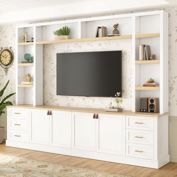 102.3"W Farmhouse 4-Piece Entertainment Center Wall Unit with Adjustable Shelves, TV Stand with Bookshelves for TVs Up to 75", Media Console with 6 Drawers for Living Room, White