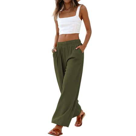 TEMOFON Women’s Wide Leg Pants Linen Lightweight Pants for Women Casual Trousers for Spring