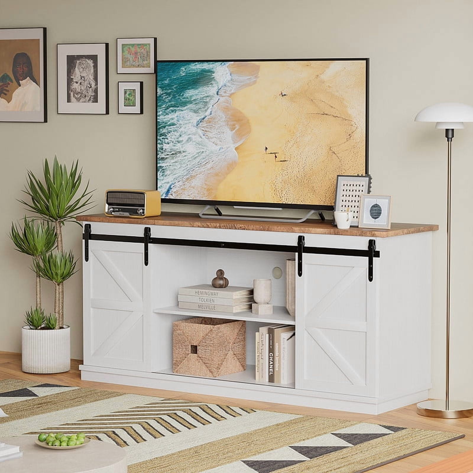 Vineego Rustic Modern TV Stand for 65-Inch TVs - Entertainment Center with Storage Cabinet & Sliding Barn Door Design,White