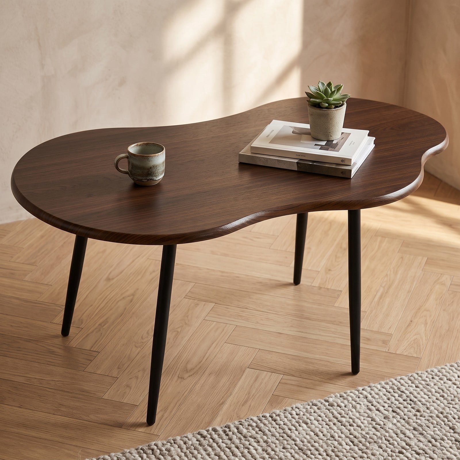 Furnibear Cloud Shape Coffee Table, 39.5 Inch Irregular Free Form Center Table with Heavy-Duty Metal Frame, Wide Wood Tabletop Accent Sofa Side Table for, Walnut