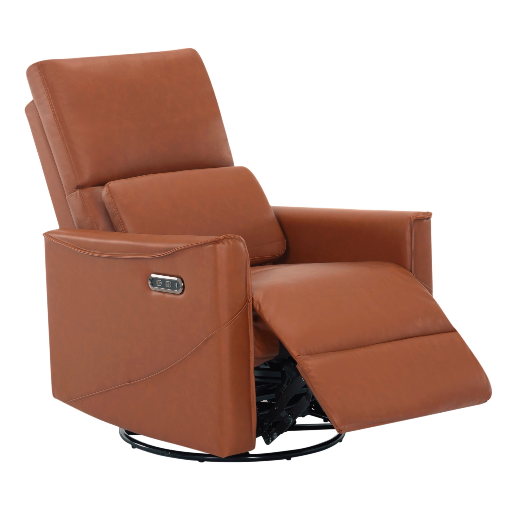 BSHTI PU Leather Electric Swivel Glider Recliner Chair with Rocking Function, Modern Comfort Seating for Living Room, Bedroom（Brown）