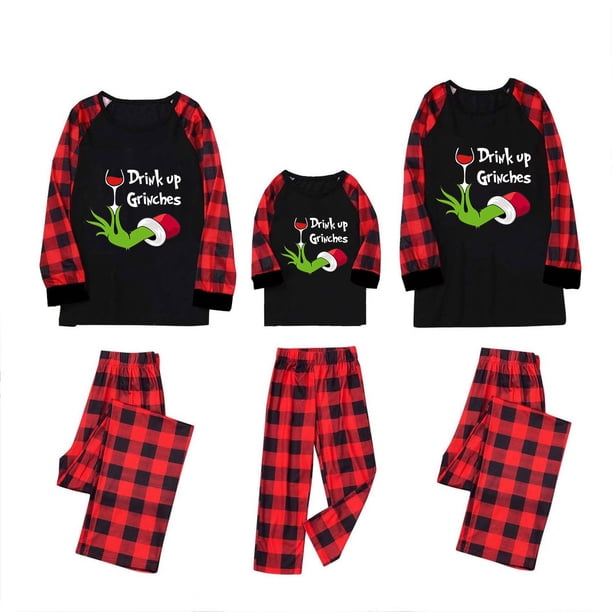Conjuntos de pijamas navideños familiares a juego Grinch 2024, pijama de Grinch con parte superior y pantalones de pijama a cuadros, pijama de Grinch para niños y adultos para la familia, Mujer M