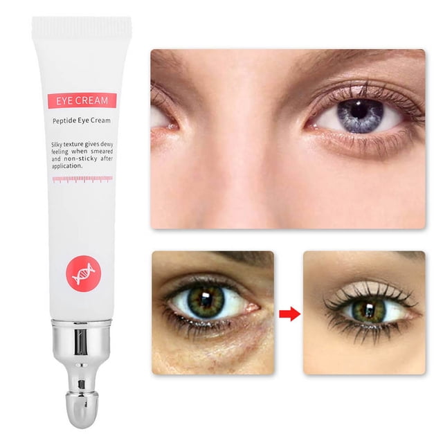 crema de ojos con péptidos para levantar y reafirmar reduce las arrugas y las ojeras nutre e ilumina la piel Tubo blanco de 20 g con aplicador metálico tipo bola y etiqueta roja; vista 3/4 que incluye primer plano del contorno de ojos y dos mini recuadros antes y después estilizados que muestran menor apariencia de ojeras y líneas finas. Texto pequeño en inglés visible en el empaque. Tamaño compacto, a menudo usado para viajes y retoques en el bolso.
