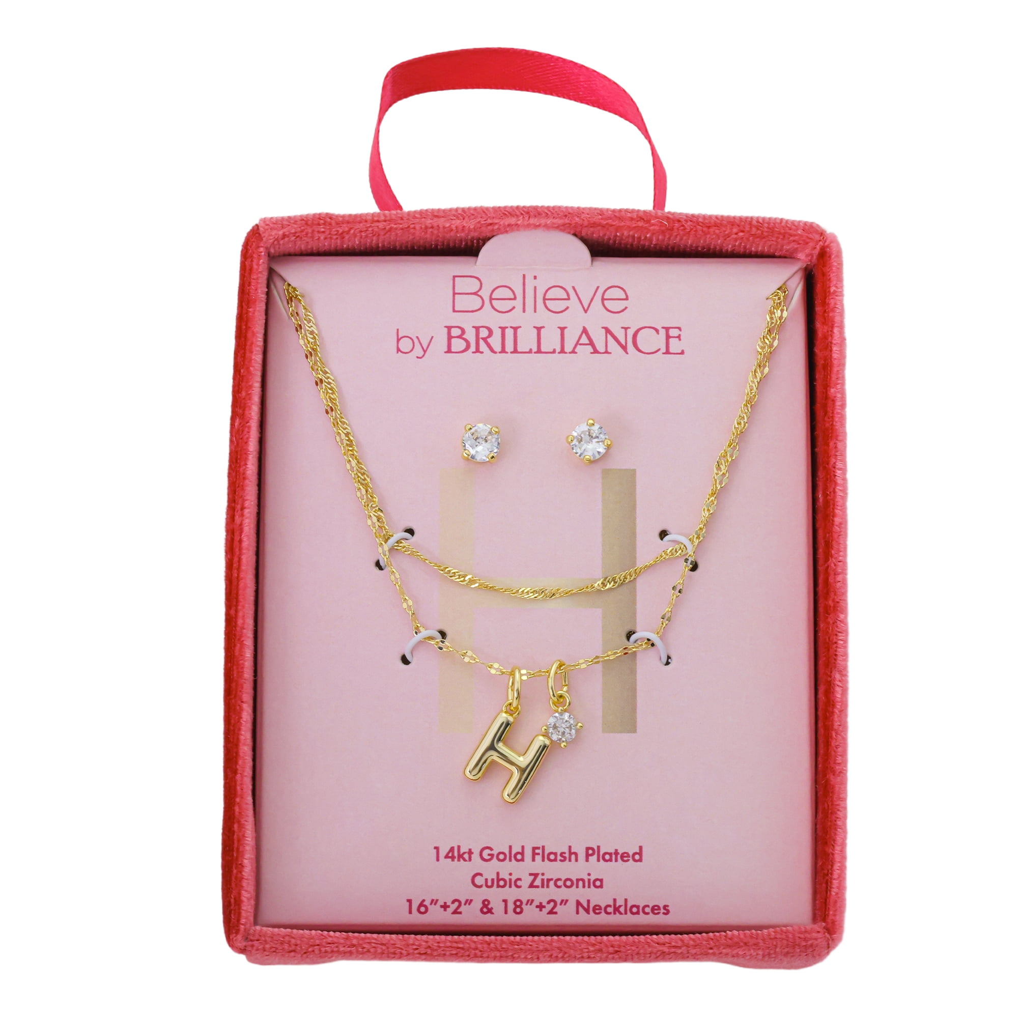 Believe by Brilliance Women's 14Kt Gold Flash Plated Initial H Slider Charm and Cubic Zirconia Charm Layered Necklace and Stud Earring Set, 16+2"/18+2"