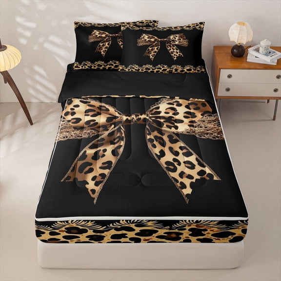 Homewish Leopard Print Bow Zipper Twin Comforter Sets with Fitted Sheet and 2 Pillowcases For Girls Kids,Brown Cheetah Pattern Zipper Bedding Set For Women,Black Reversible,4-Piece