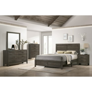 Transitional 5pc Full Size Platform Bedroom Set Brown Finish Bed Dresser Mirror Nightstand Wooden Furniture