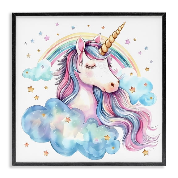 Stupell Industries Contemporary Cute Happy Unicorn & Rainbow Black Framed Giclee Art, 12 x 12, by Creative Studio