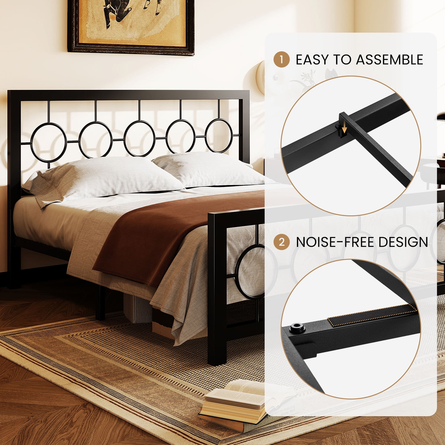Amolife Queen Size Bed Frame, Heavy Duty Metal Platform Bed with Vintage Circular Headboard & Footboard, Black