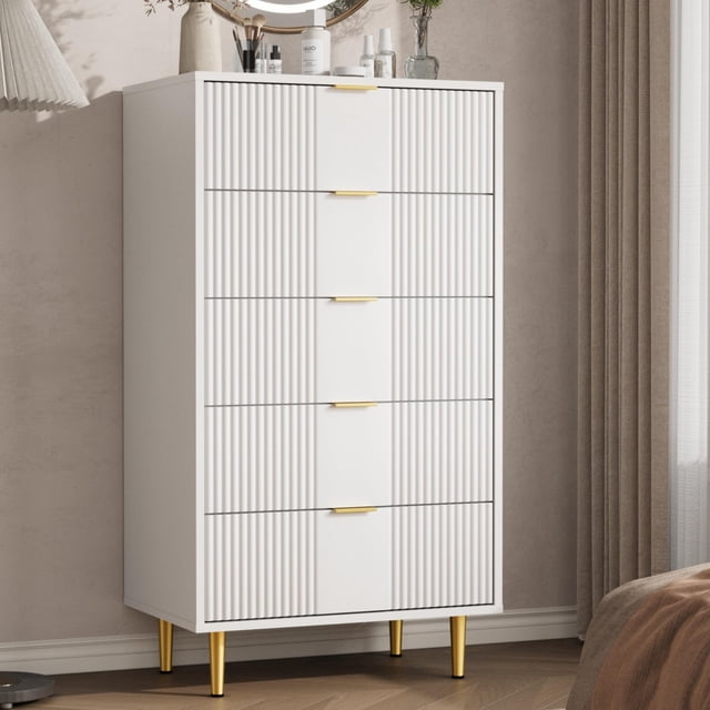 Commode Cannelée à 5 Tiroirs, Haute Commode Moderne en Bois avec Poignée en Métal, Commode pour Chambre, Salon, Couloir, Blanc