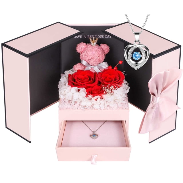 ADDWel Regalos románticos de rosas para ella, rosas preservadas para siempre, flores con collar de plata de ley para esposa, novia, cumpleaños, aniversario, día de la madre, Navidad